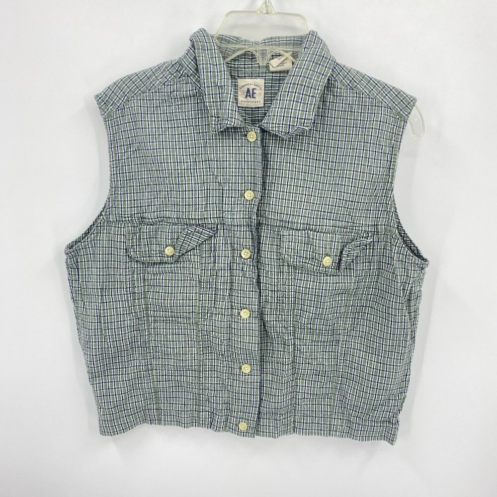 American Eagle Sleeveless Button Front Shirt Green Seersucker Plaid Vtg Y2K Crop